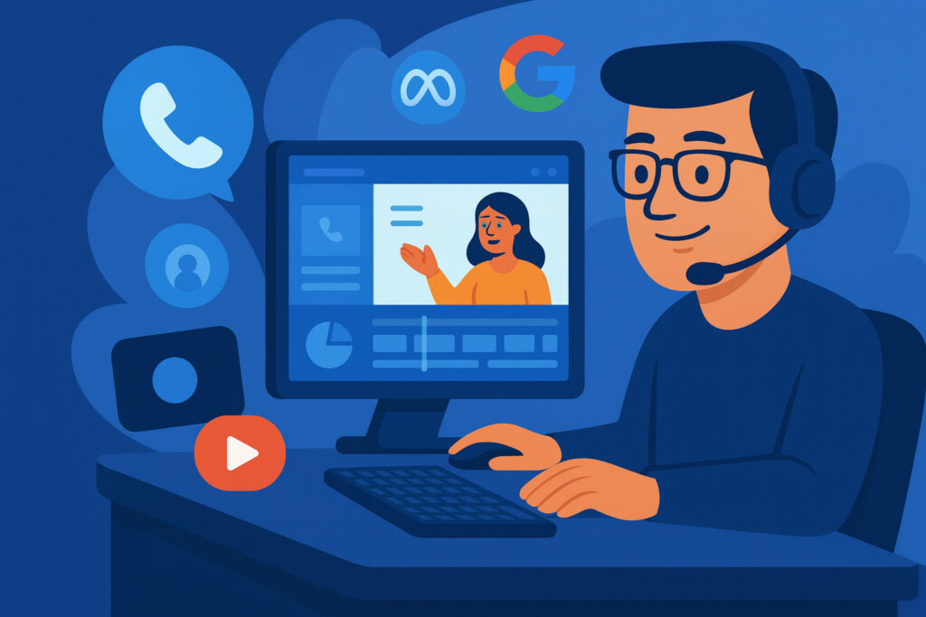 Flat digital illustration of Max Pro, The Pro Ad Shop’s AI Voice Agent, wearing a headset at a computer with call, contact, and calendar icons, representing call answering, lead capture, and appointment booking services.