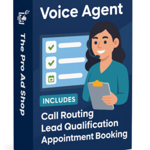 Voice Agent Add-On product box from The Pro Ad Shop featuring AI assistant with headset, highlighting call routing, lead qualification, and appointment booking services.