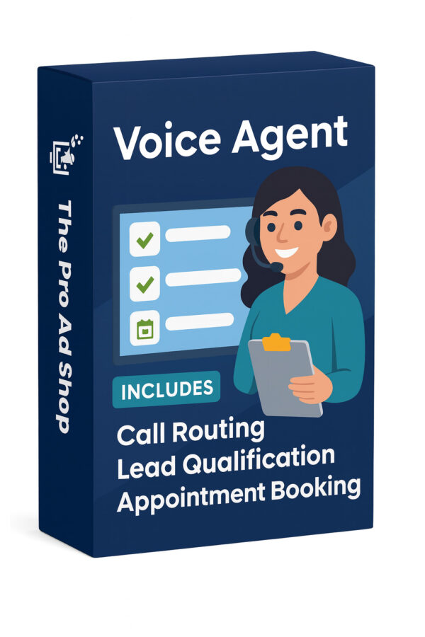 Voice Agent Add-On product box from The Pro Ad Shop featuring AI assistant with headset, highlighting call routing, lead qualification, and appointment booking services.